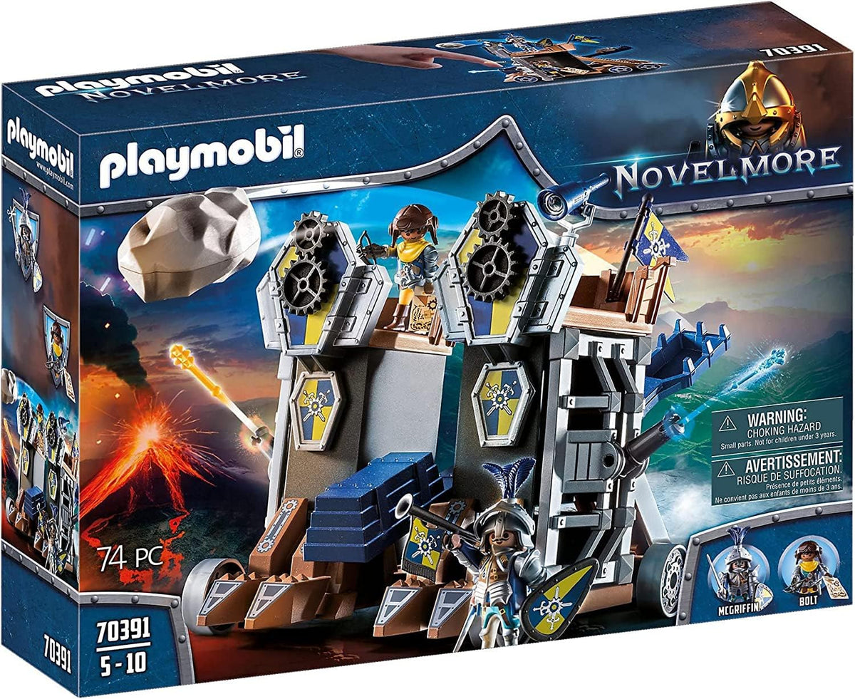 Wooden-look mobile fortress tower on wheels with cannons, slingshot and knight figures