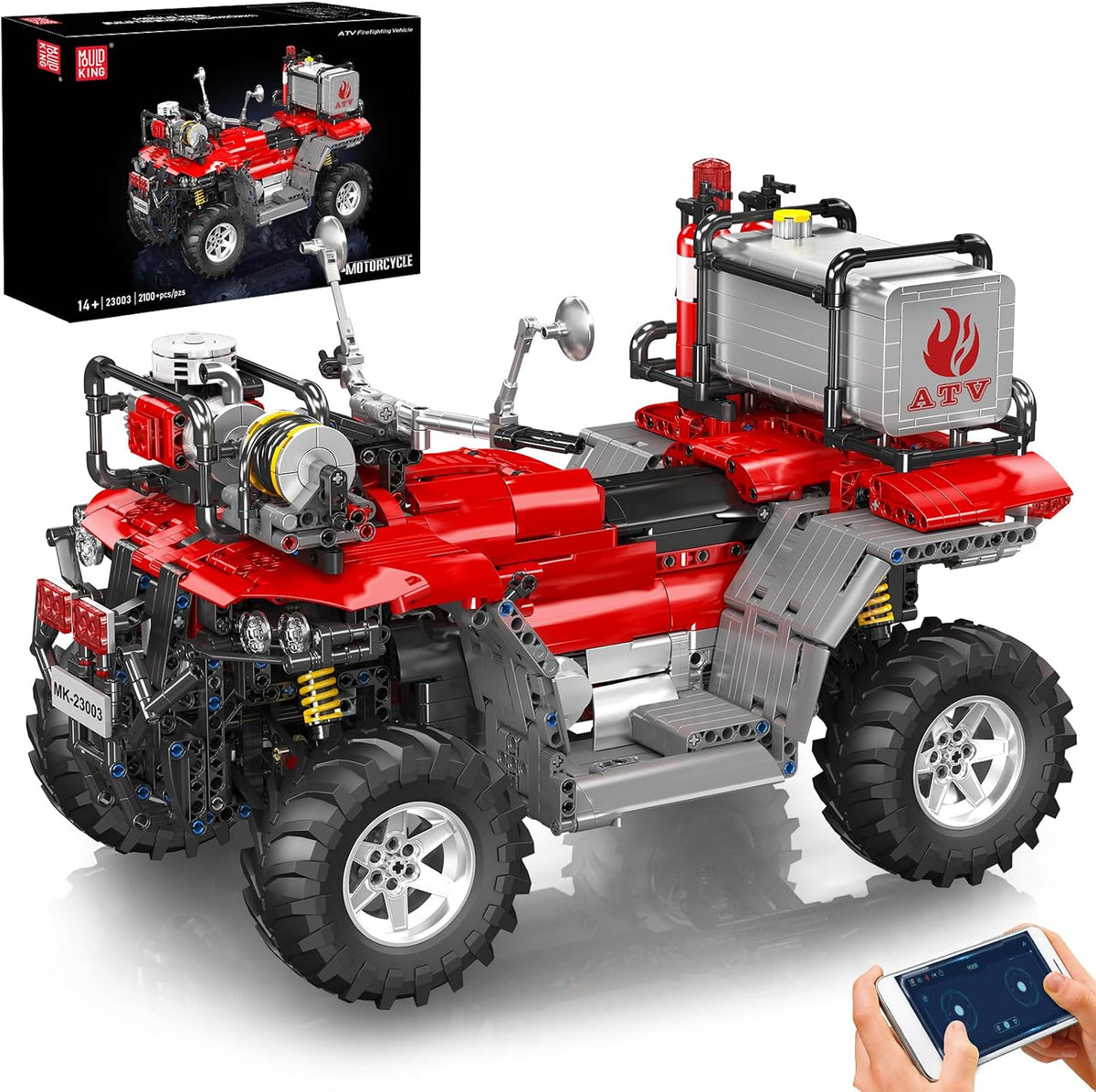 Built red fire rescue all-terrain vehicle brick model with equipment