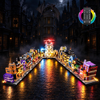 Wizarding shopping street brick model with lit shop windows