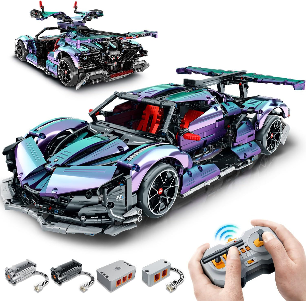 Purple plated brick-built sports car with gullwing doors open