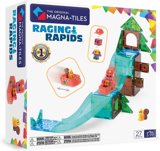 Magnetic tile river rapids scene with treetop raft sliding down a blue water channel