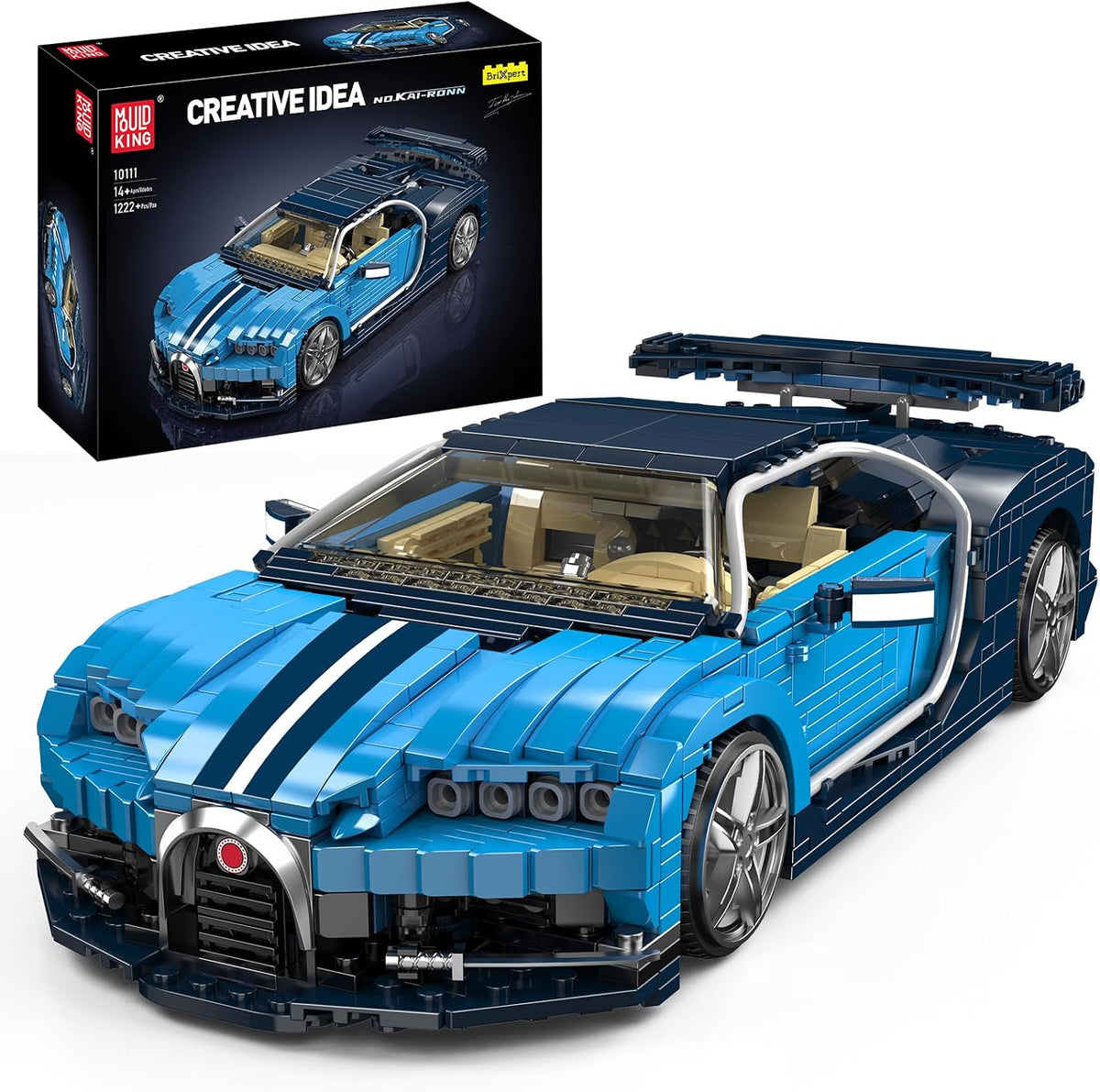 1:12 scale classic race car brick model with bonnet open and large rear wing