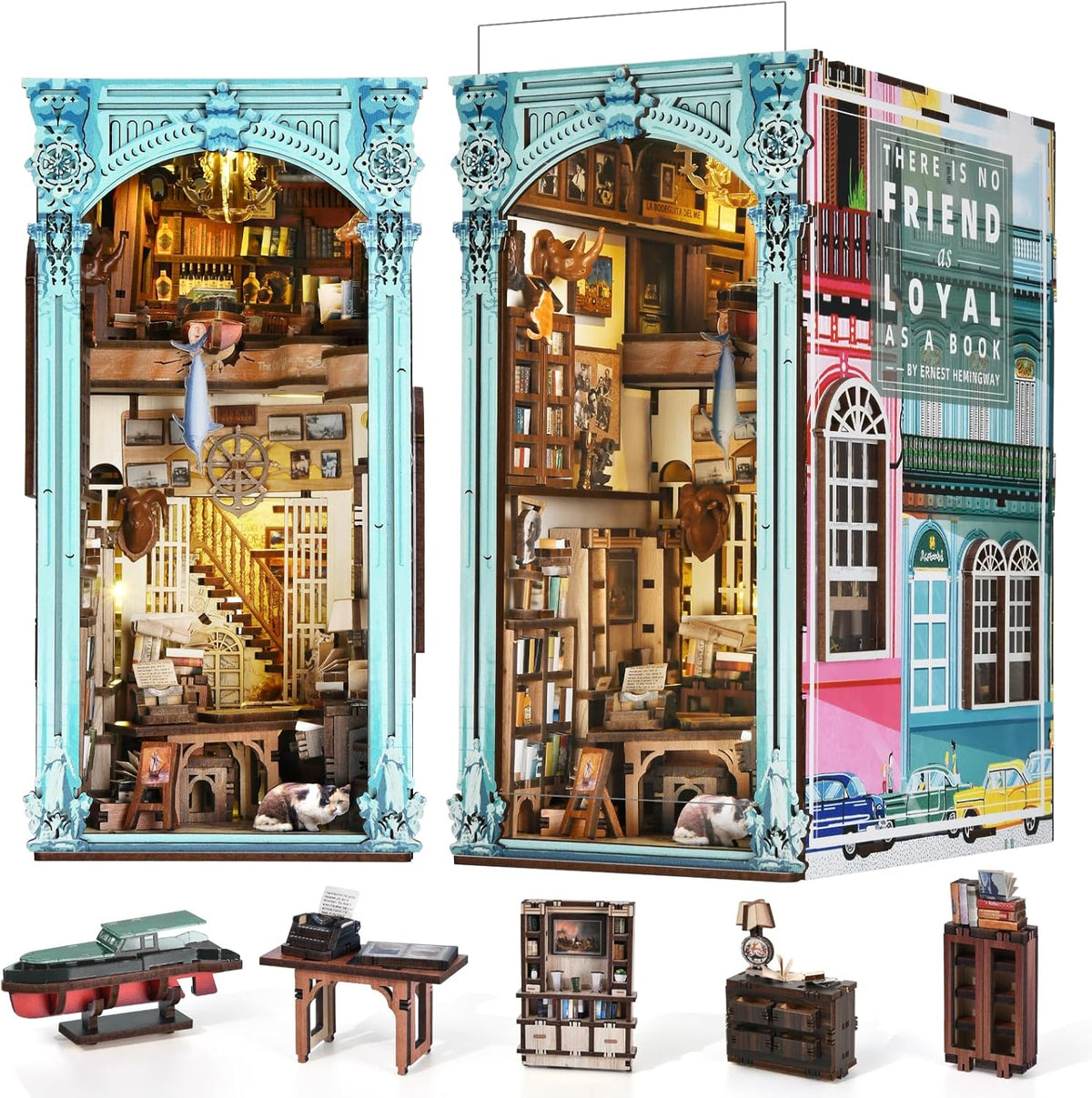 Lit fantasy castle book nook diorama standing between books on a shelf – view 15