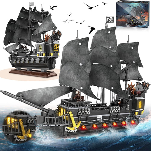 Brick-built pirate sailing ship with dark hull and tall masts