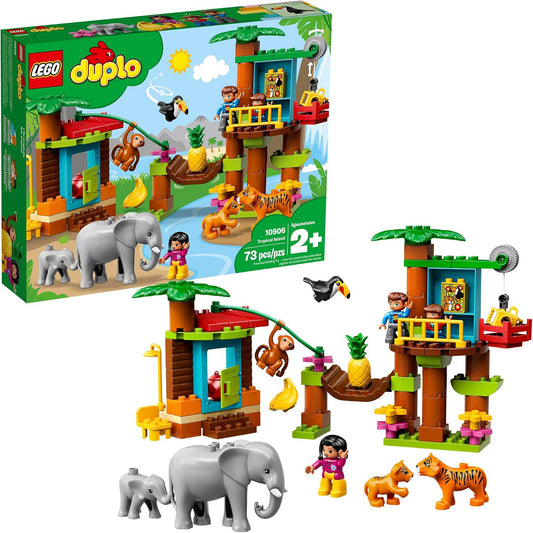 Large-brick tropical island tree house with pulley and jungle animals