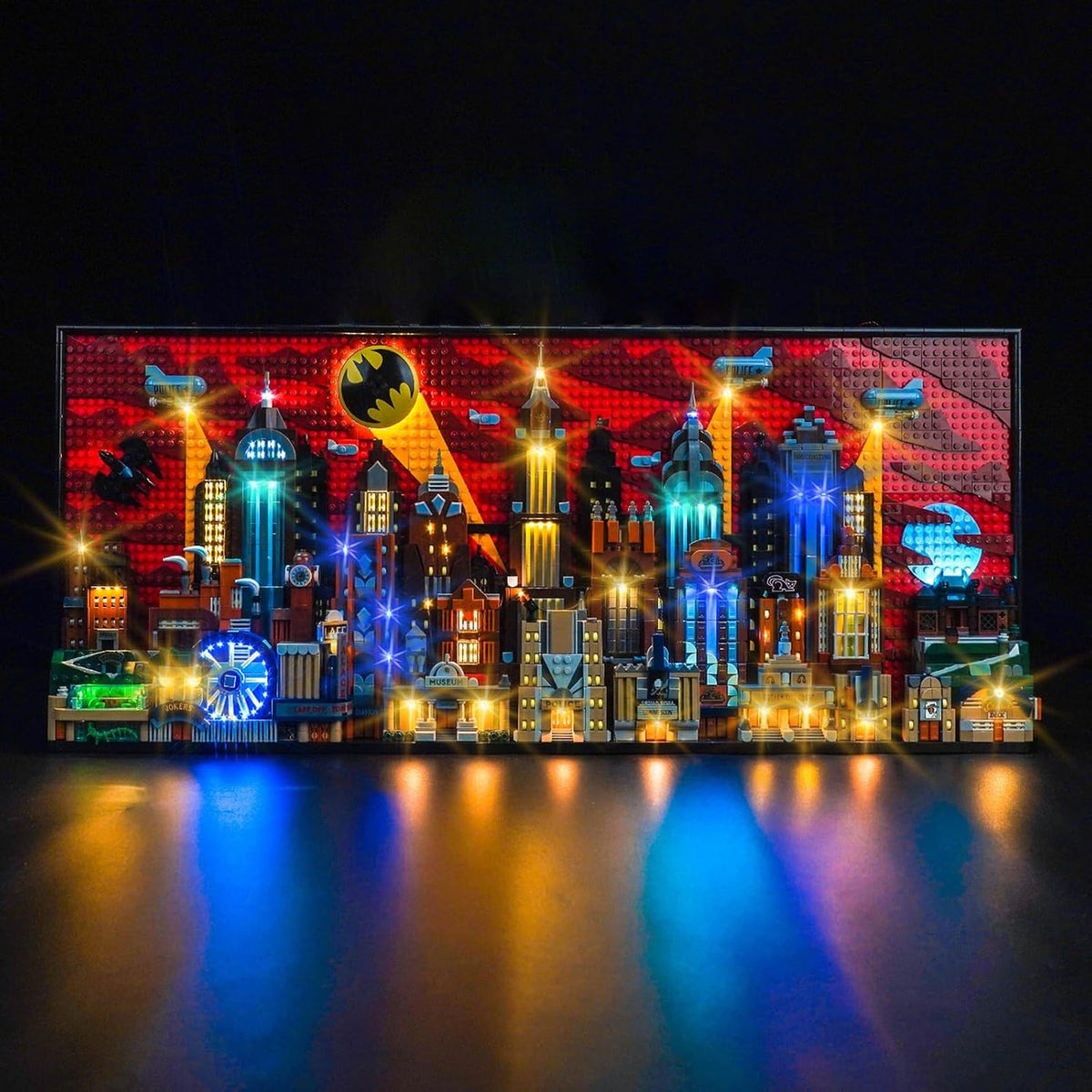 Dark gothic city skyline brick model lit with LED lights at night – view 2
