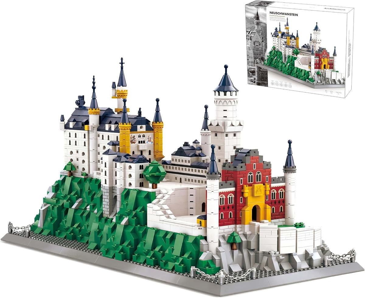 Brick-built Neuschwanstein Castle model with white towers and blue turrets