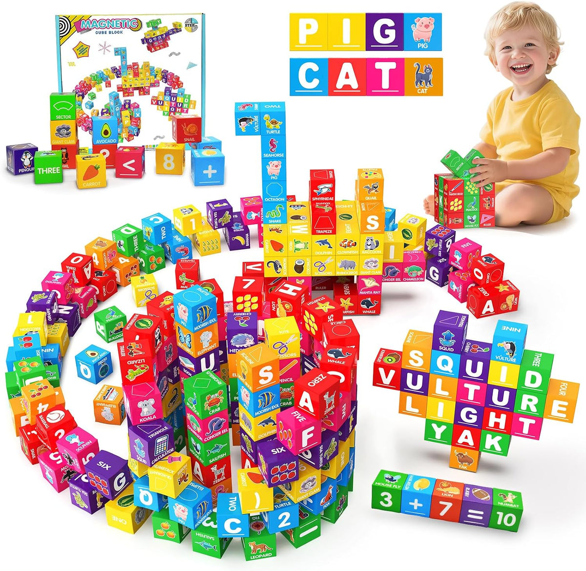 Colorful magnetic building blocks stacked into a small tower next to loose magnetic cubes