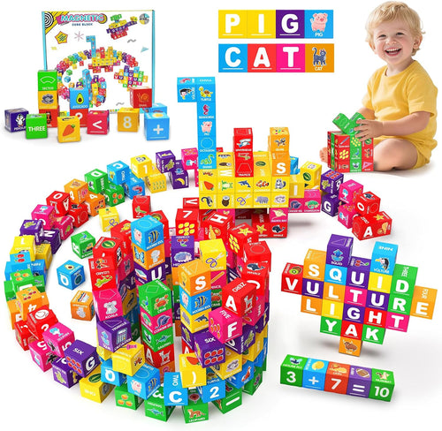 Colorful magnetic building blocks stacked into a small tower next to loose magnetic cubes