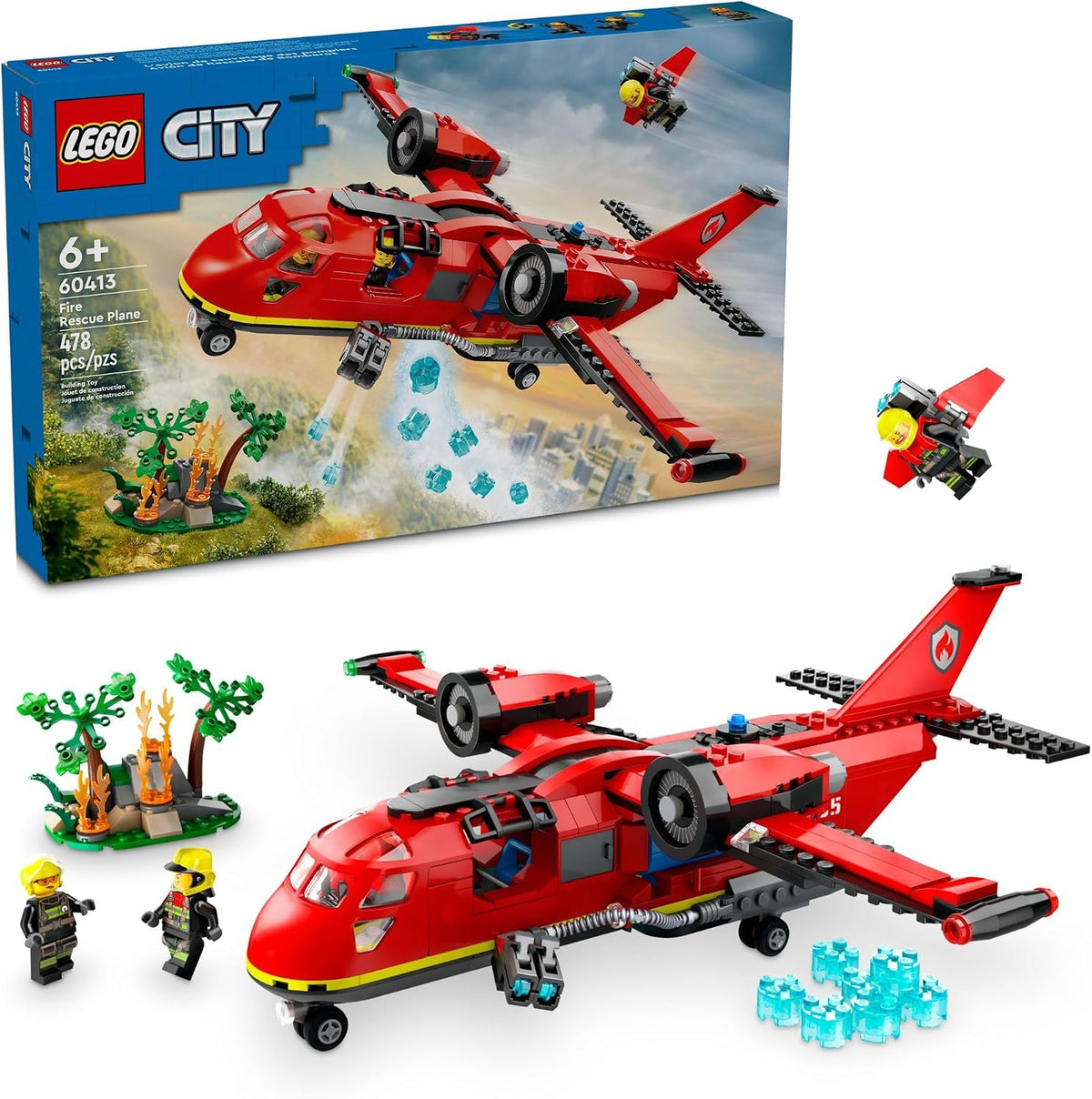 Red and white fire rescue plane brick model dropping water