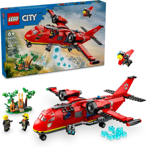 Red and white fire rescue plane brick model dropping water