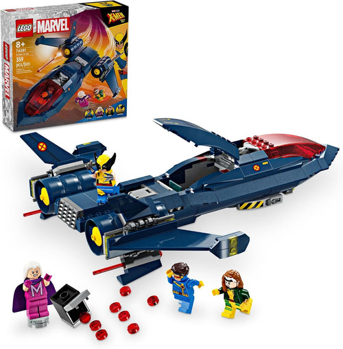 Brick-built superhero team jet with twin cockpits and four figures