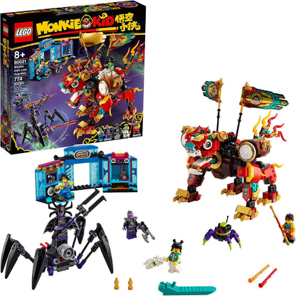Brick-built golden lion mech facing an eight-legged battle rig with arcade machine – view 2
