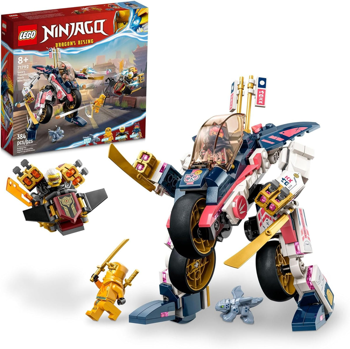 Brick-built ninja mech robot beside its transformed racing bike form and a baby dragon