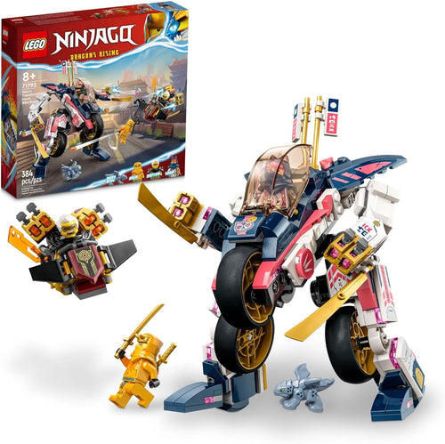 Brick-built ninja mech robot beside its transformed racing bike form and a baby dragon