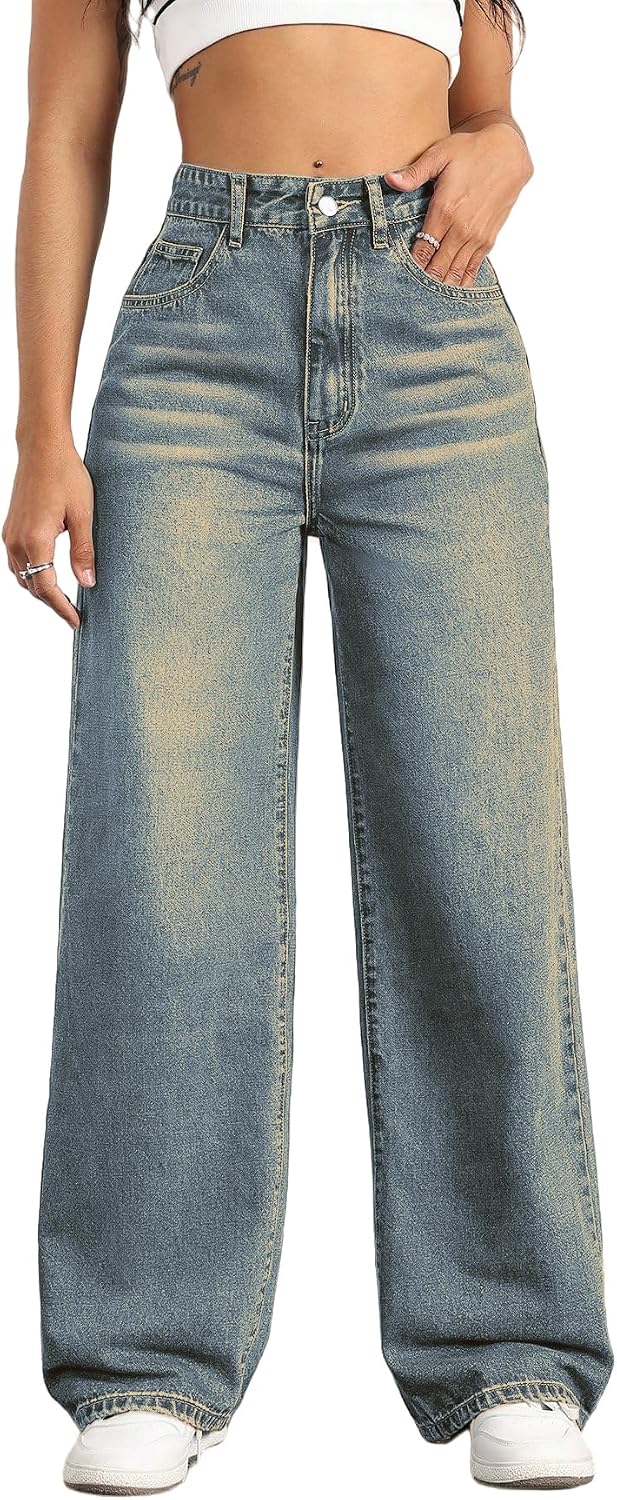 Women's High Rise Straight Leg Jeans - Baggy Boyfriend Denim with Five Pockets for Casual Wear - Beige