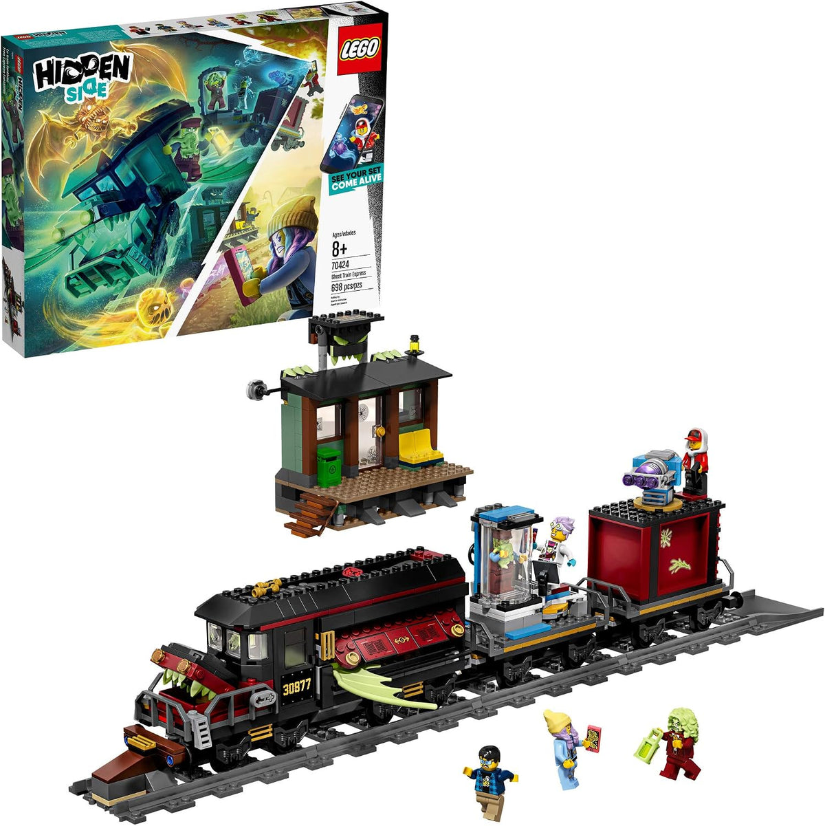 Haunted ghost train brick playset with color wheel and spooky details