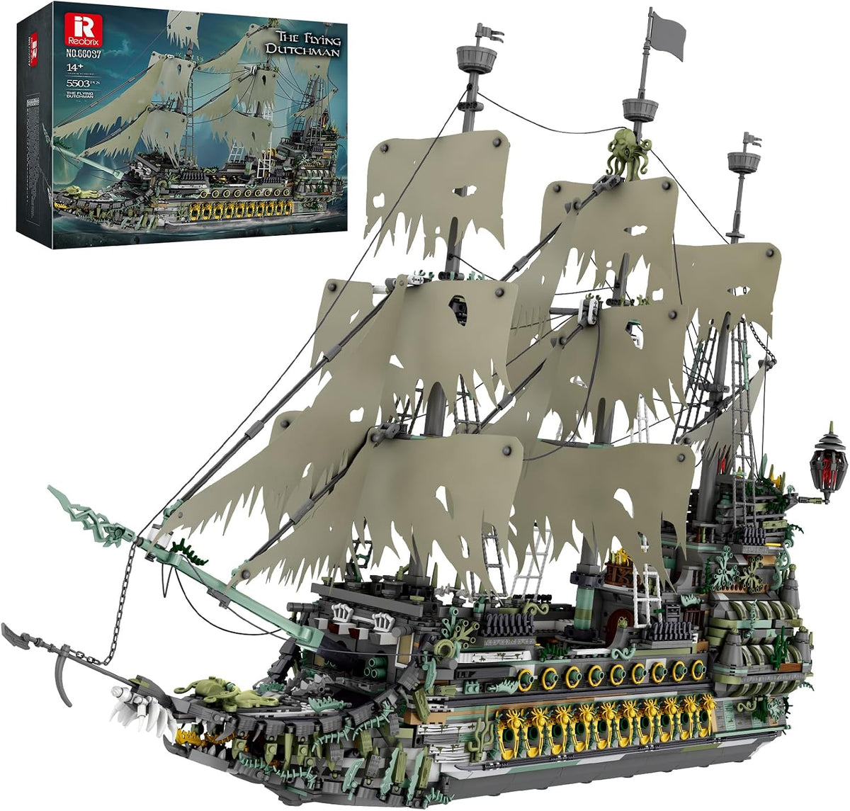 Brick-built ghostly green pirate ship with tattered sails