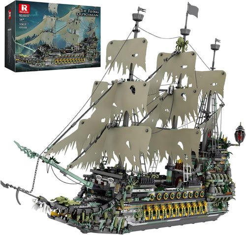 Brick-built ghostly green pirate ship with tattered sails