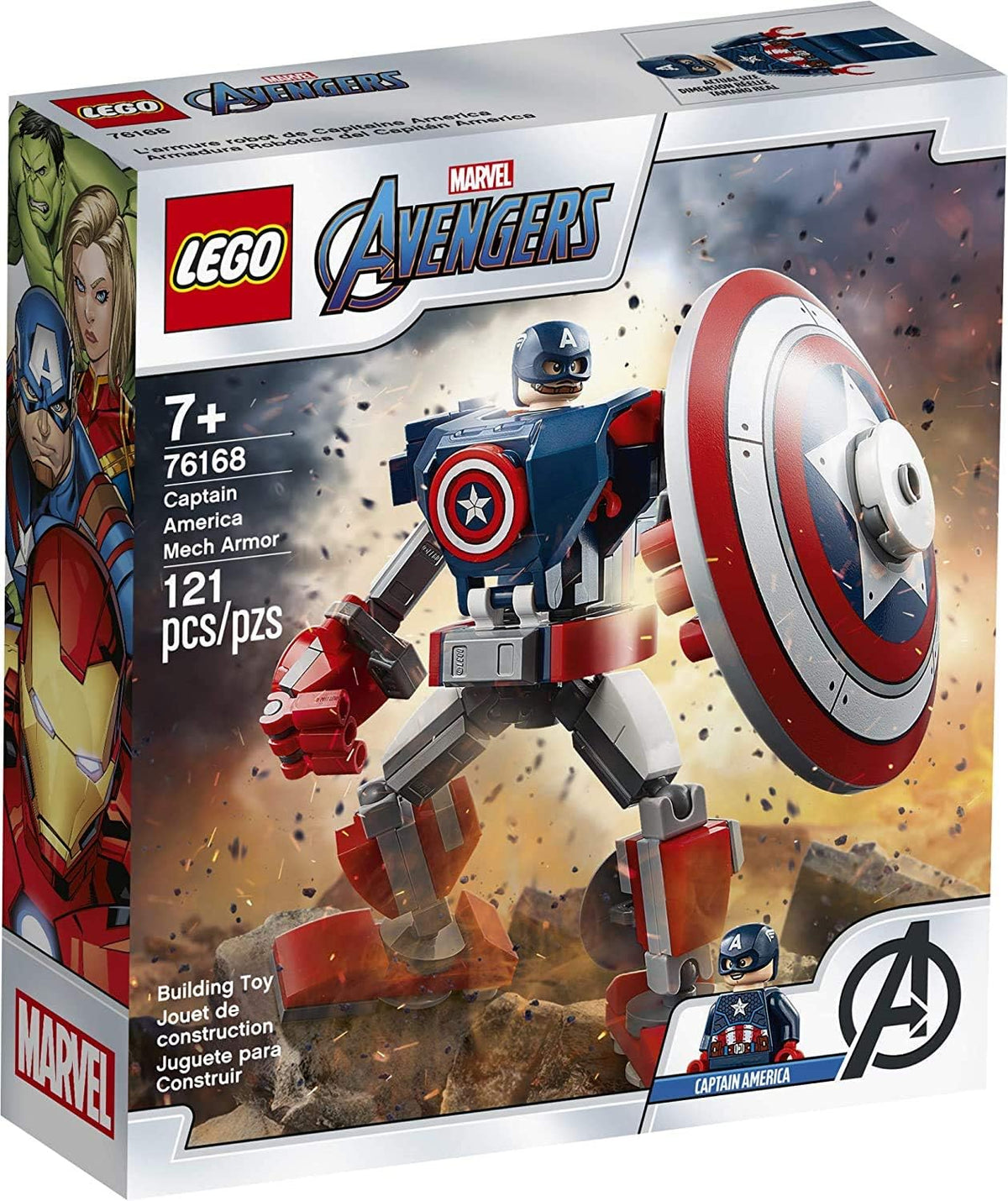 Built blue, red and white mech armor holding a large round shield with hero minifigure