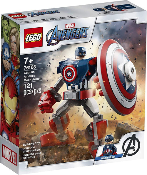 Built blue, red and white mech armor holding a large round shield with hero minifigure