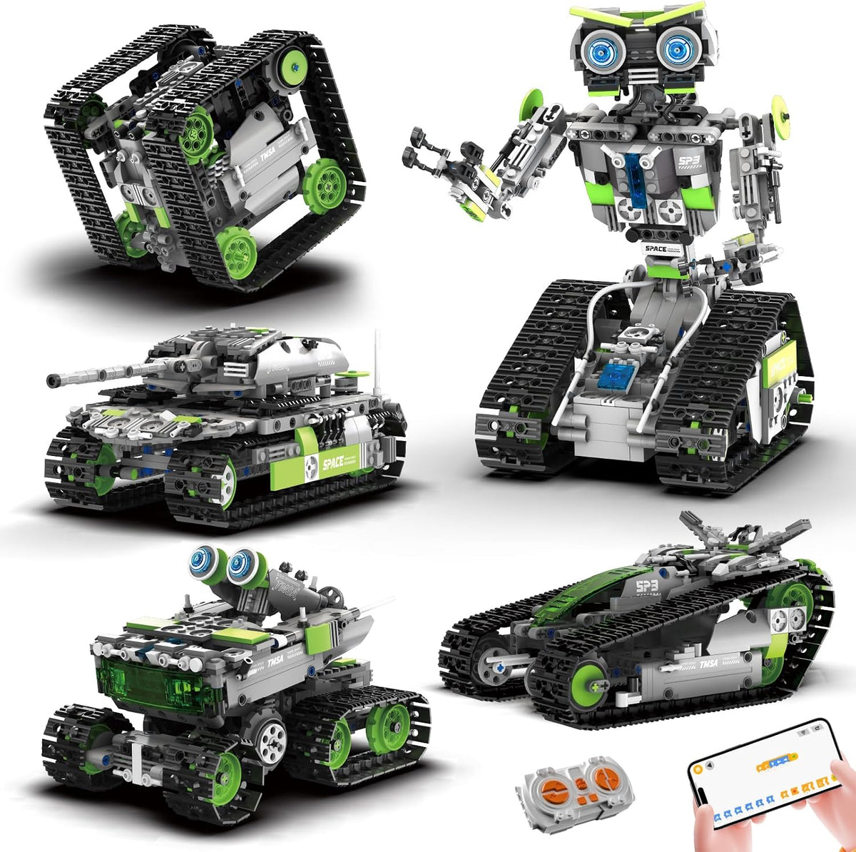 Assembled coding robot from a 757-piece 5-in-1 kit with remote