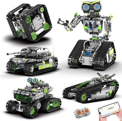 Assembled coding robot from a 757-piece 5-in-1 kit with remote