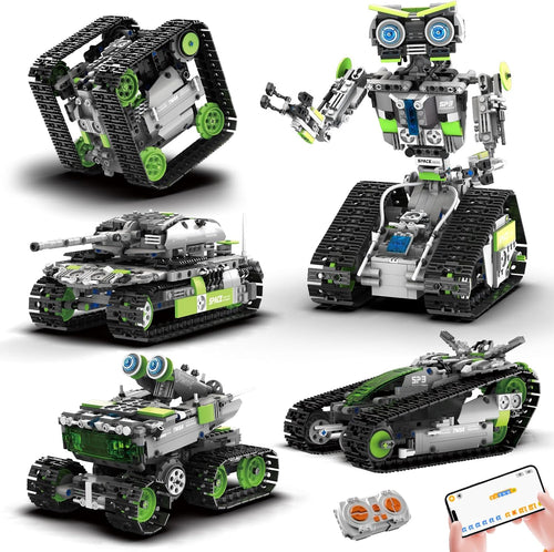 Assembled coding robot from a 757-piece 5-in-1 kit with remote