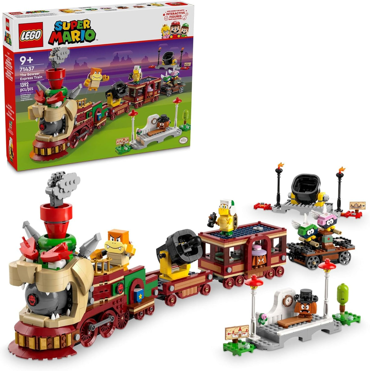 Dark spiked steam locomotive brick model pulling a cannon wagon and a small handcar
