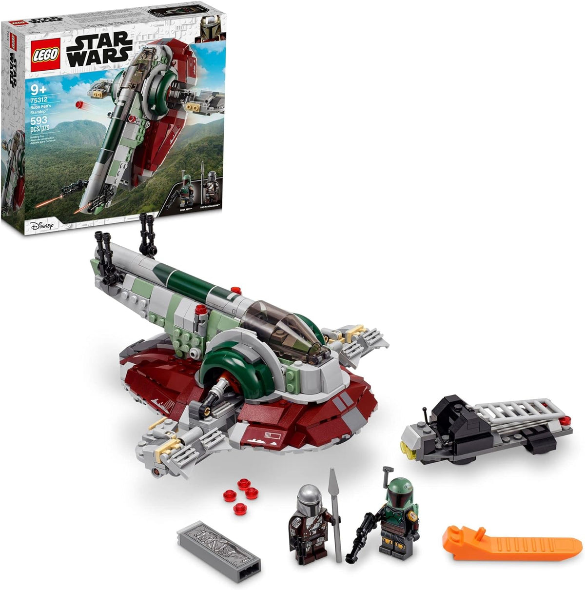 Brick-built bounty hunter starship standing vertically on its stand