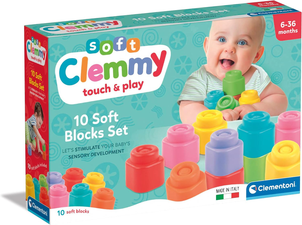 Ten soft rubber baby bricks in bright colors stacked into a small tower