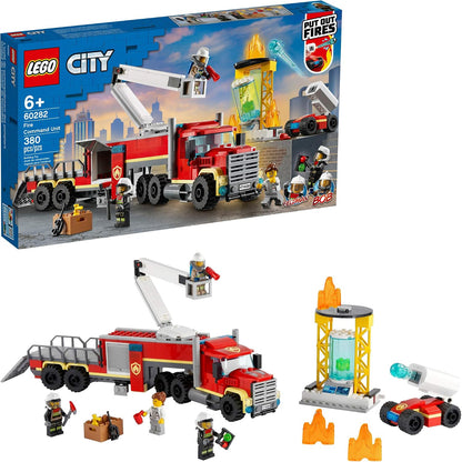 Brick-built red fire command truck with raised cherry-picker arm and firefighter figures – view 2