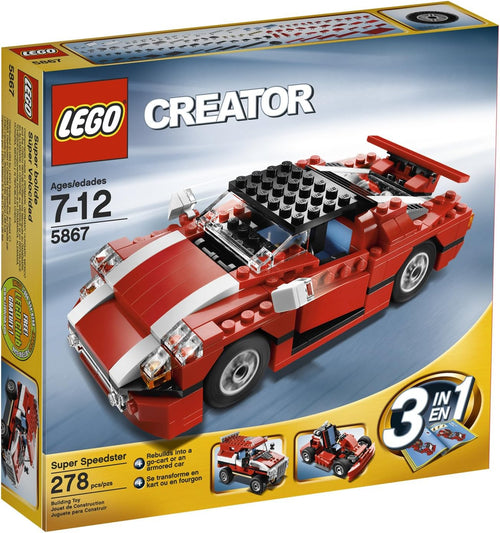 Small brick-built red car model with wheels