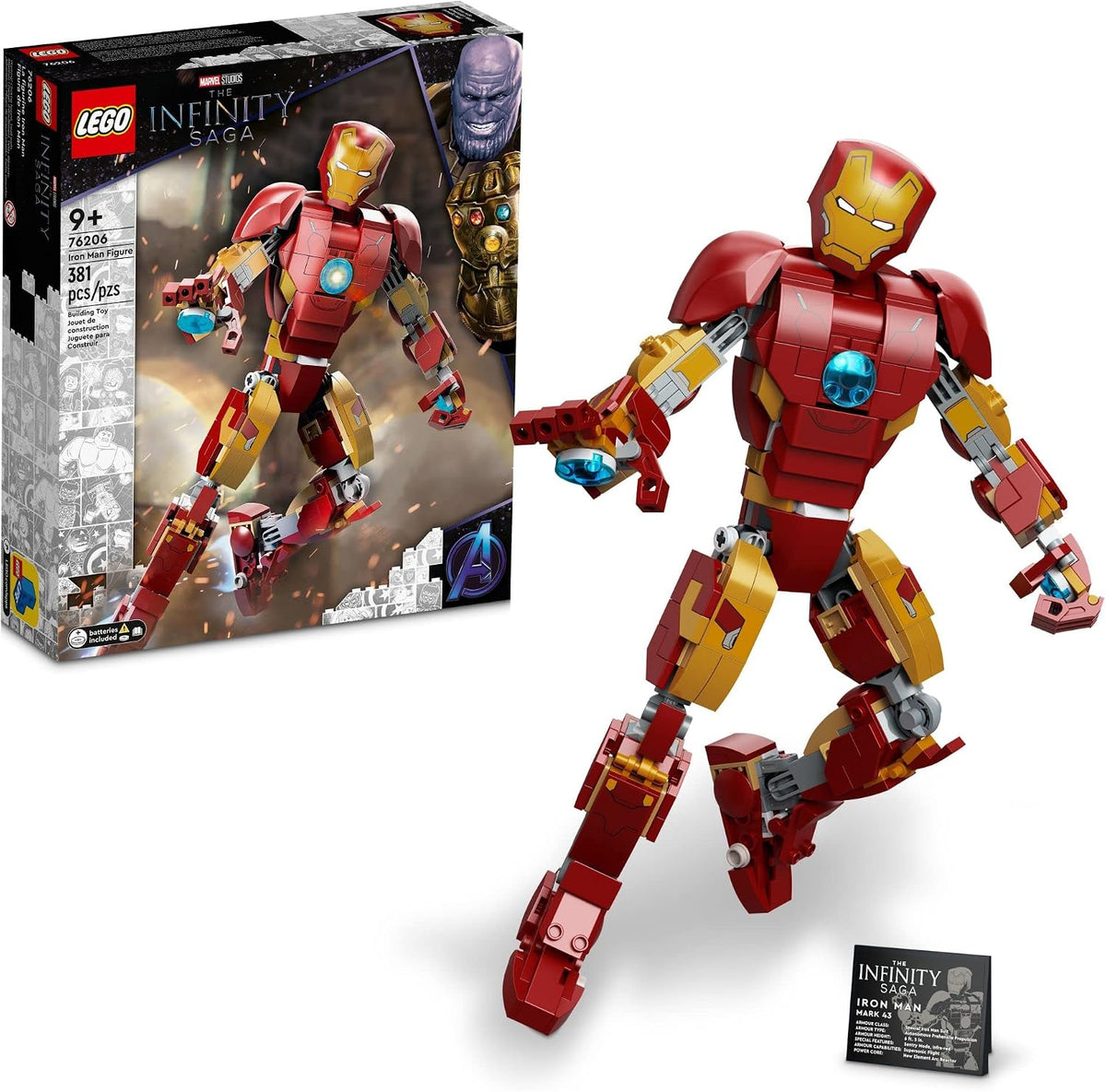 Red and gold brick-built armored hero figure with glowing chest light on a display stand