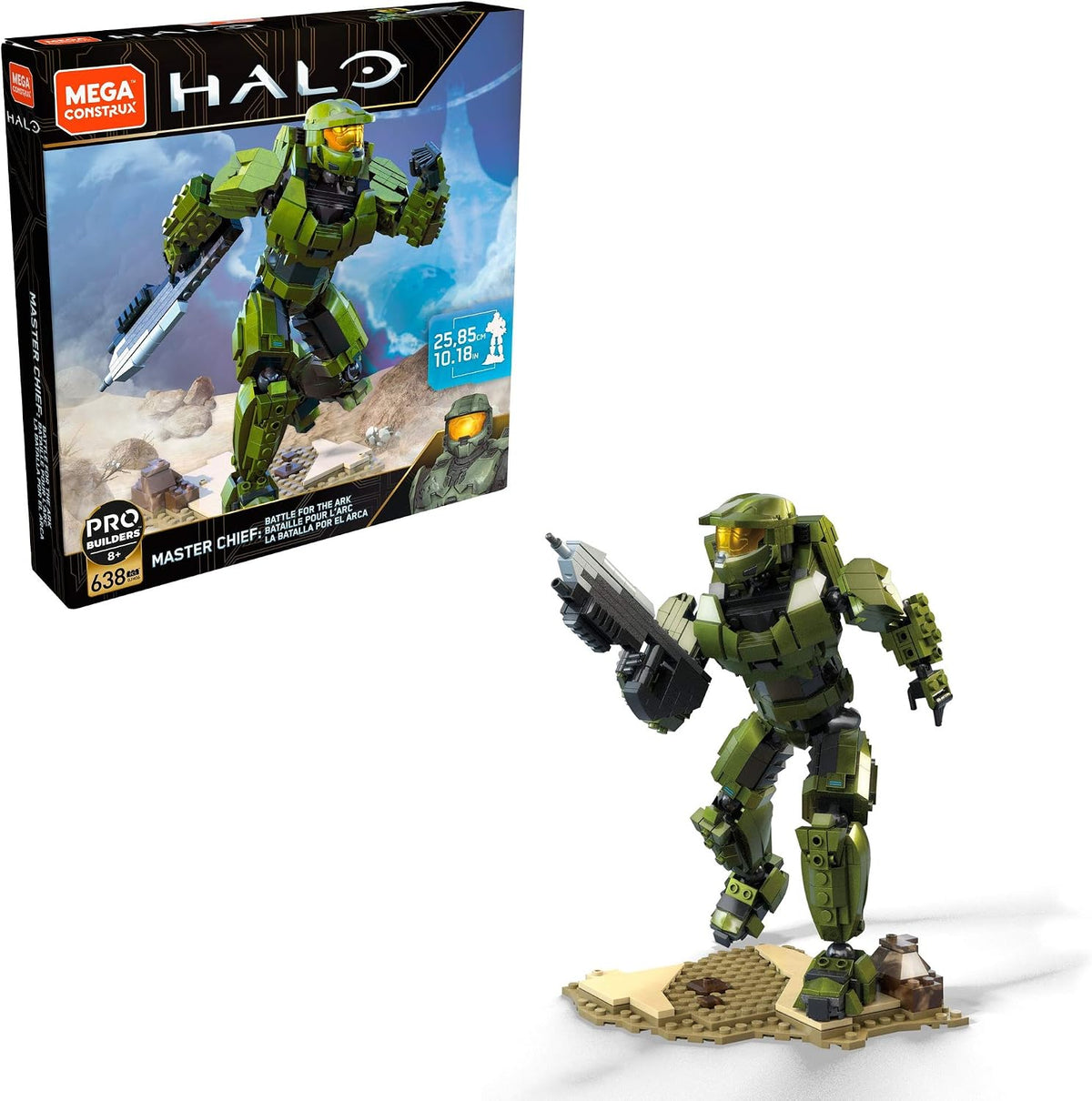 Green armored space soldier buildable figure holding a rifle on a stand