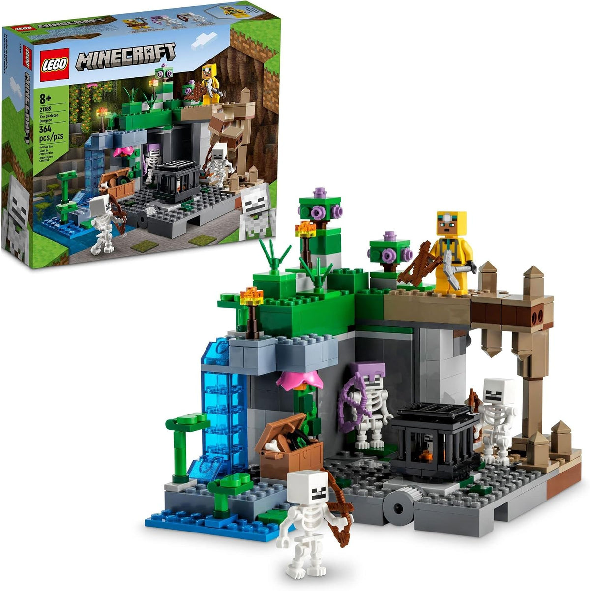 Built blocky cave dungeon with stalagmites, leaves and skeleton figures