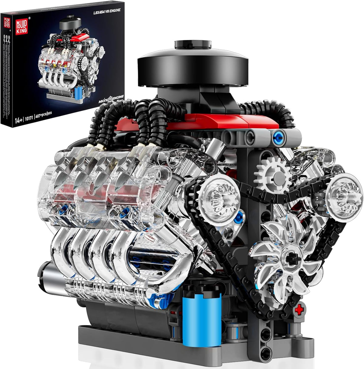 Brick-built W16 engine model with transparent cylinders and visible pistons and gears – view 2
