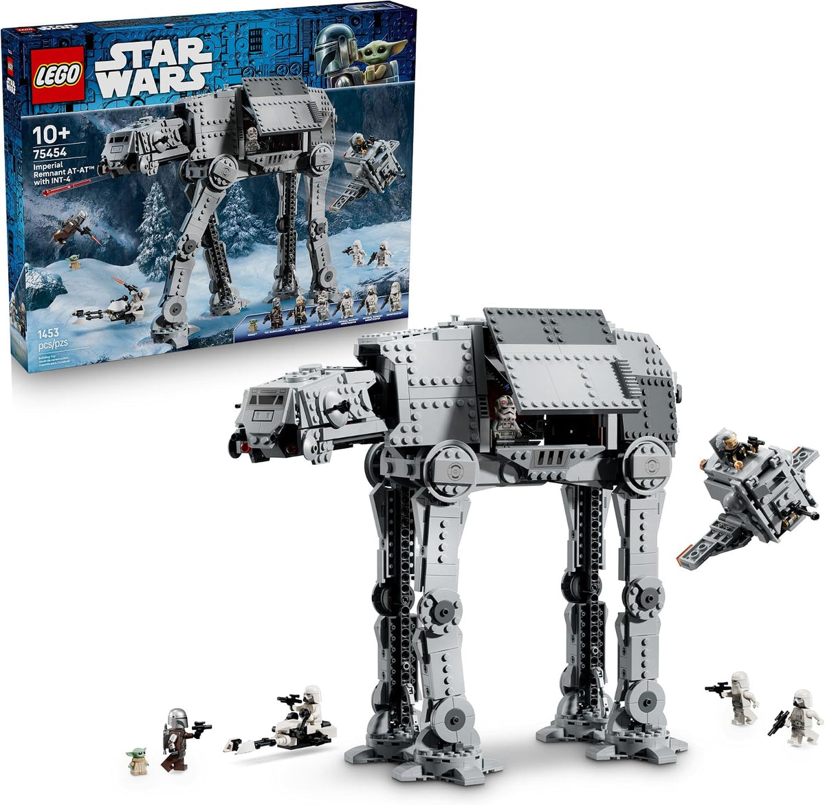 Gray brick four-legged armored walker with small fighter craft and trooper figures