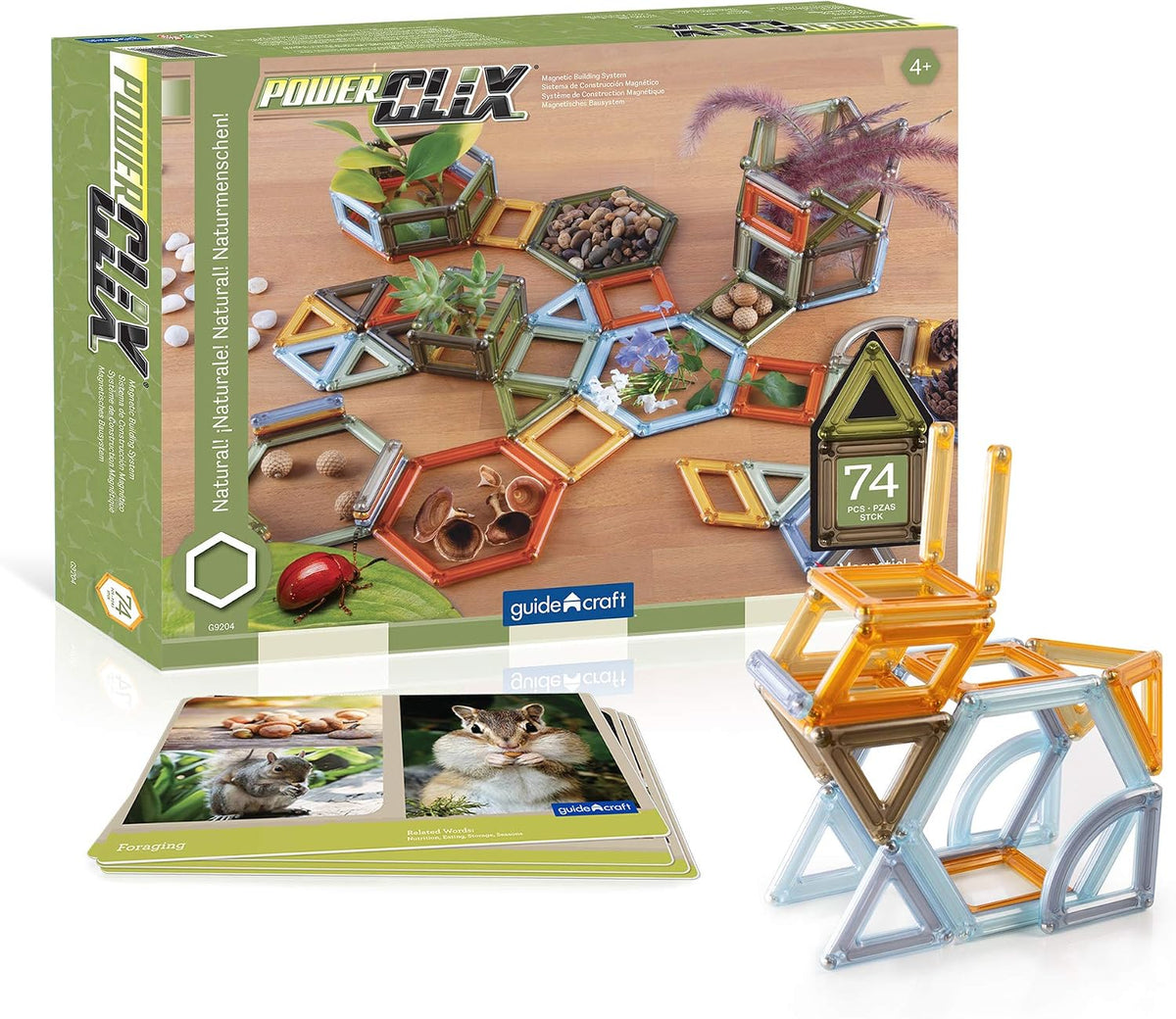 Natural-finish magnetic construction frames joined into a tall 3D structure