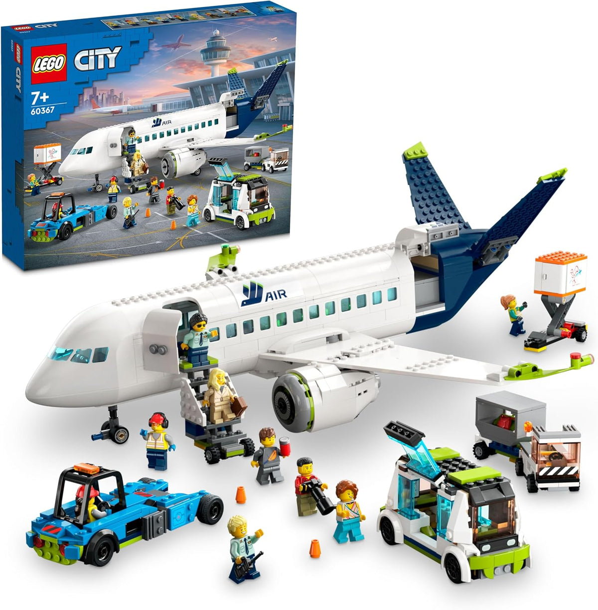 Built white passenger airplane brick model with apron bus, baggage truck and minifigures