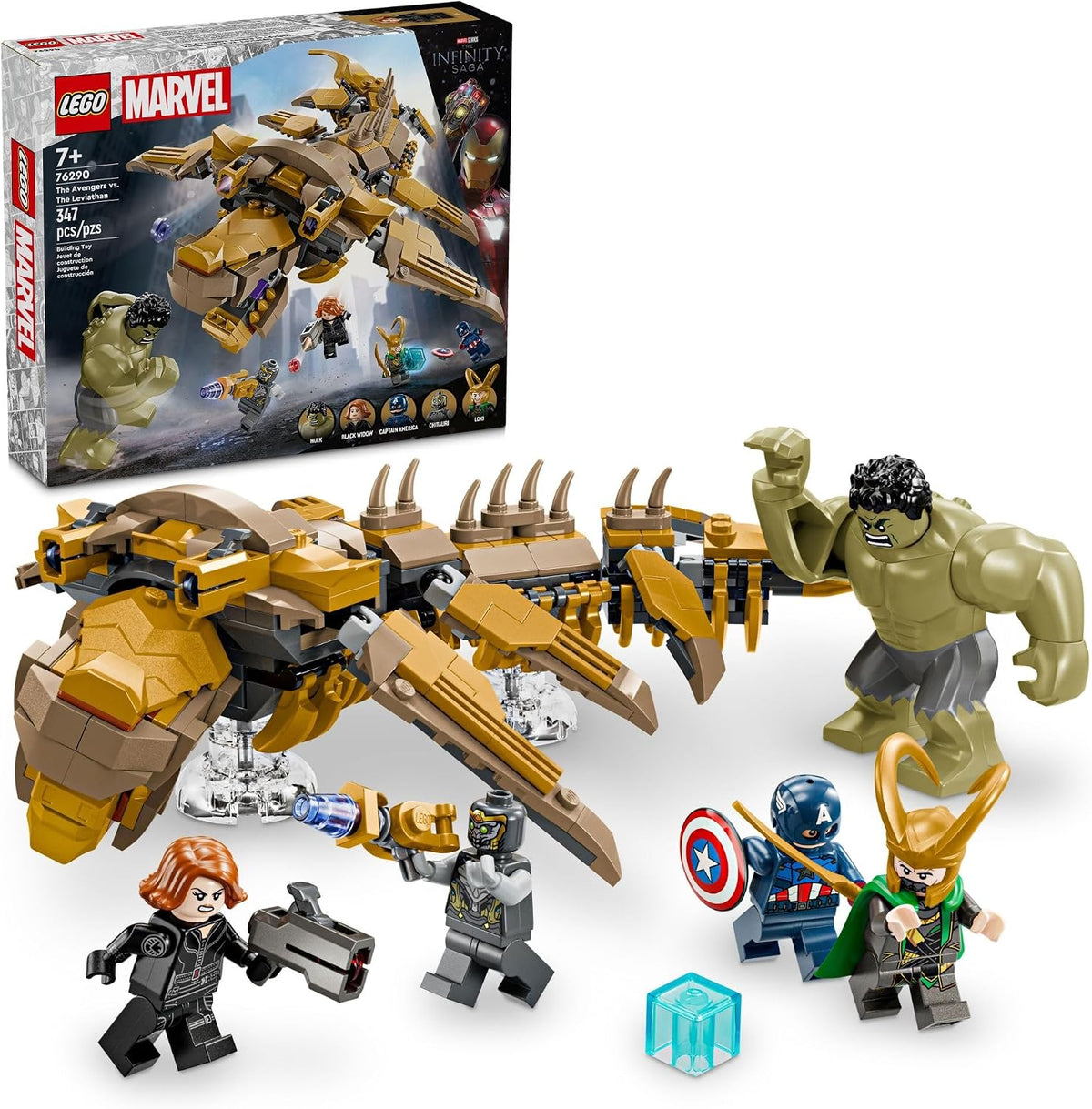 Brick sky whale monster on stands battling a big green hero figure and minifigures