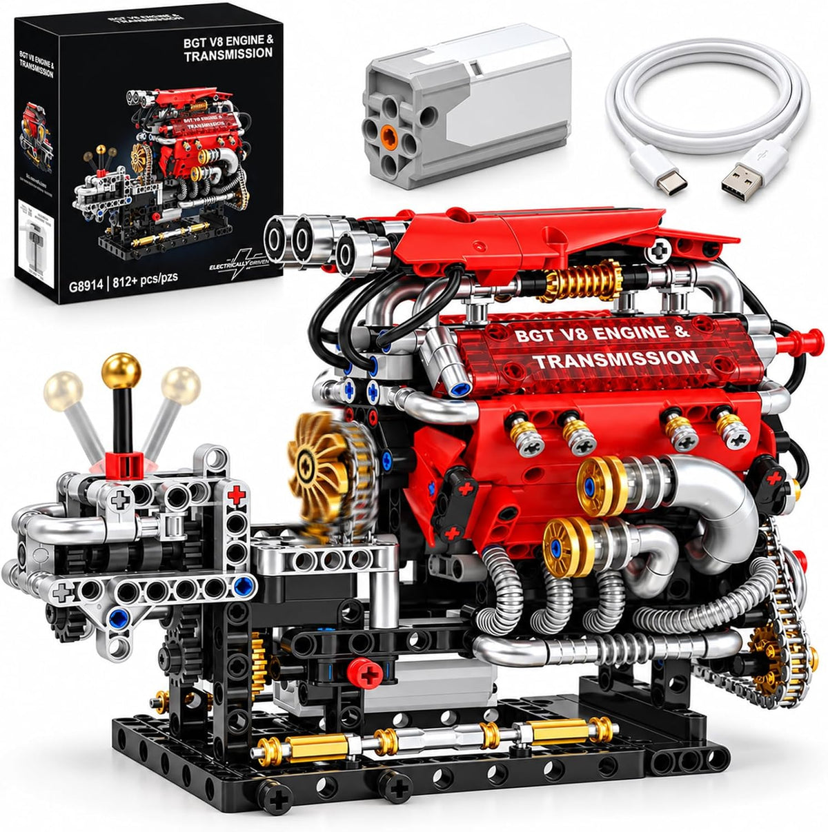 Assembled V8 engine model with transparent cover and visible pistons