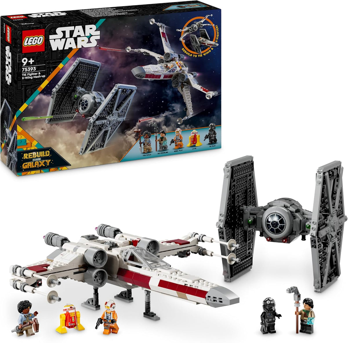 Retro space freighter brick model with rotating engines and five minifigures – view 3