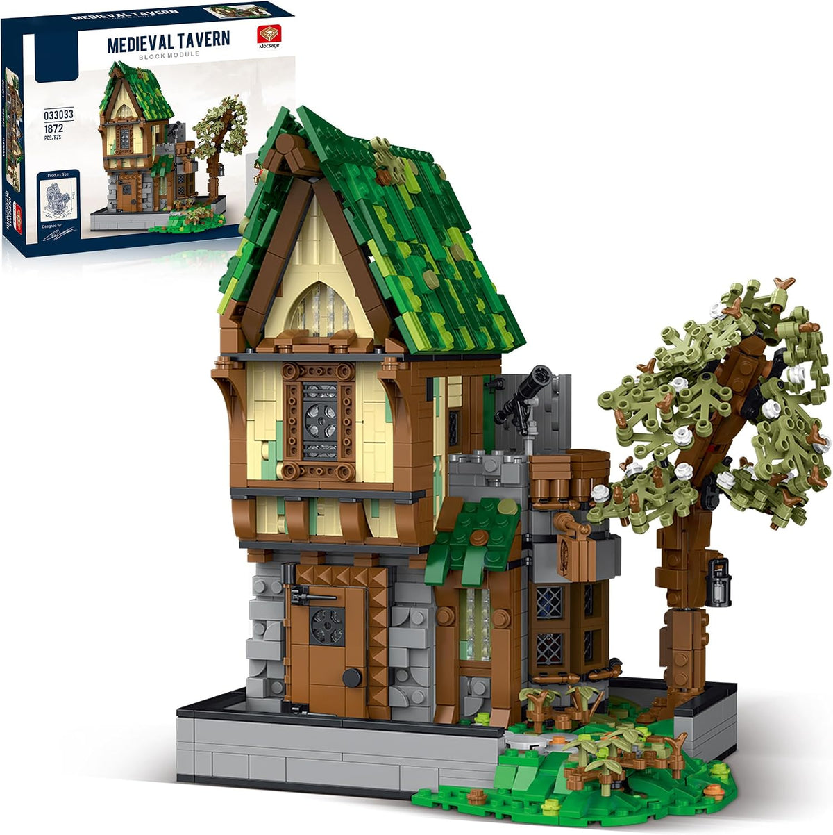 Brick-built medieval tavern with balcony, tree and warm glowing windows