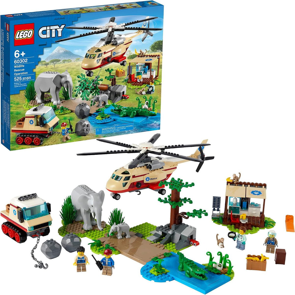 Brick wildlife rescue base with helicopter, tracked vehicle and elephant figures – view 2