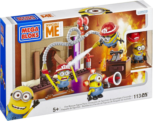 Brick office scene with three yellow goggle-wearing characters fighting a fire with a hose