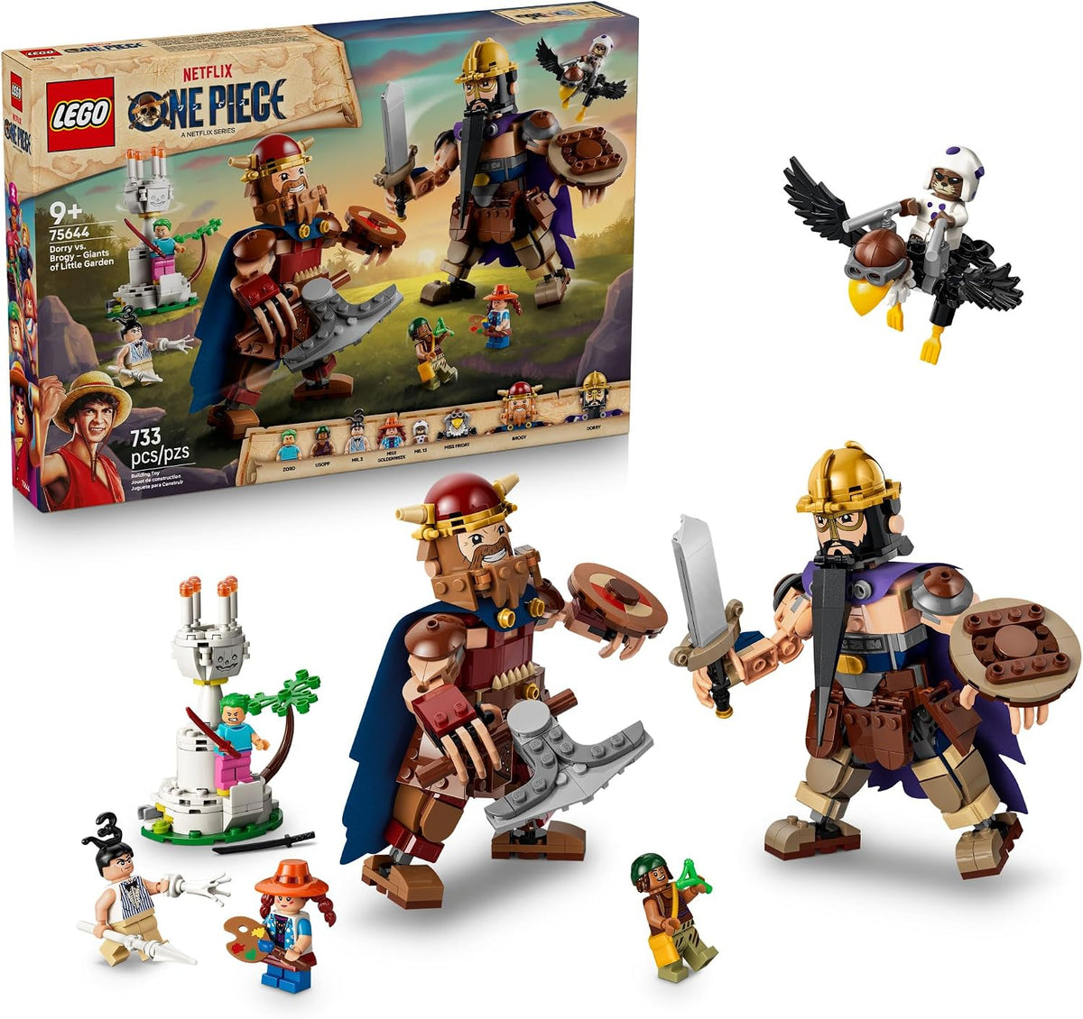 Two brick-built giant warriors battling with sword and axe among small figures