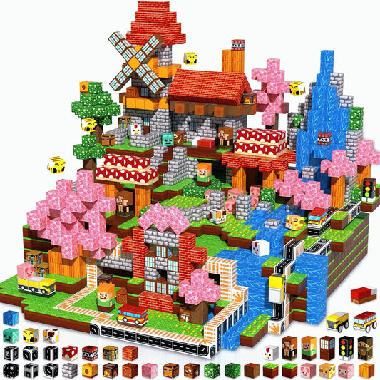 Forest scene built from colorful magnetic cubes with trees and animals