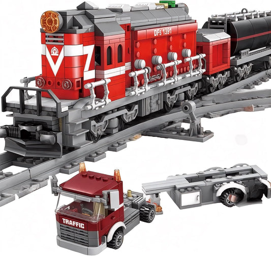 Red brick diesel locomotive pulling cargo cars on a track with a truck nearby