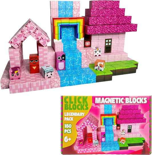 Pink magnetic cube blocks built into a small castle and garden